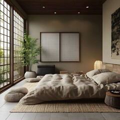 A zen-inspired bedroom with neutral tones, natural materials, and a Japanese futon bed.