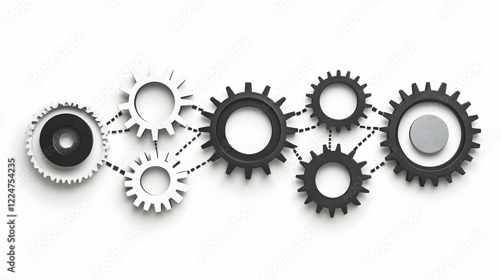 Poster a series of interconnected gears, each one turning to power the next, symbolizing workstreams and pr
