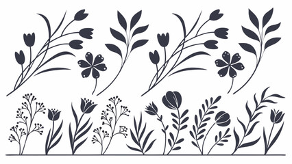 Wild Flower Silhouette Vector, lower Silhouette Vector, Leaf Elements Vector, Black and White Flowers