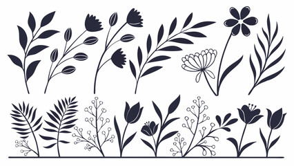 Fototapeta premium Wild Flower Silhouette Vector, lower Silhouette Vector, Leaf Elements Vector, Black and White Flowers