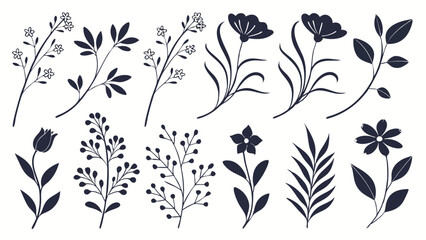 Wild Flower Silhouette Vector, lower Silhouette Vector, Leaf Elements Vector, Black and White Flowers