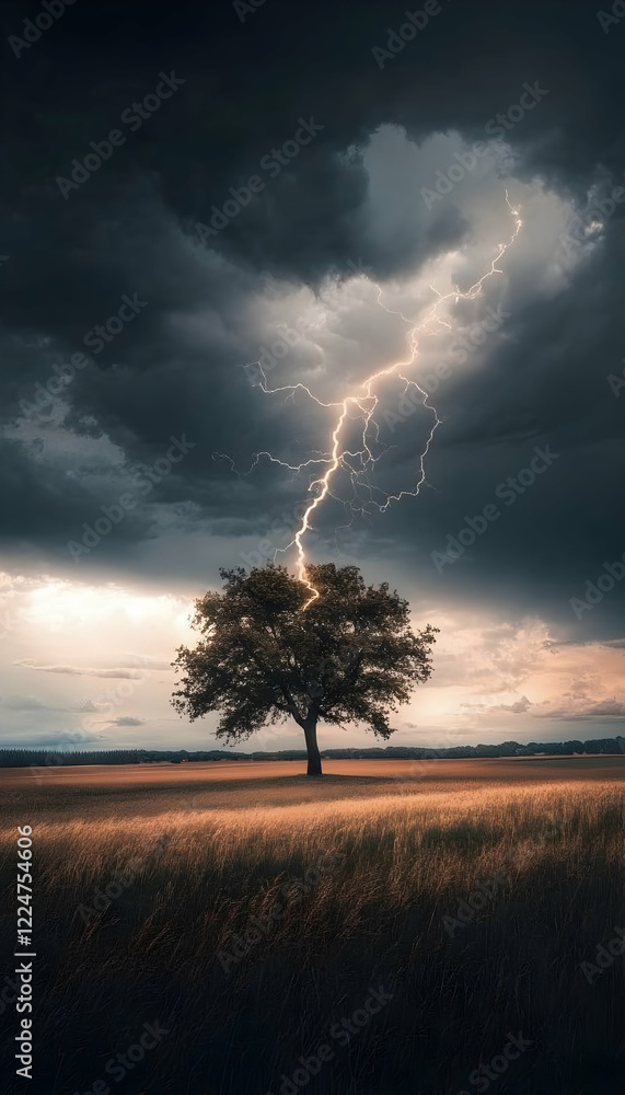 Poster a solitary tree stands tall in an open field as a bolt of lightning strikes it amidst a gloomy sky -