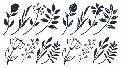 Wild Flower Silhouette Vector, lower Silhouette Vector, Leaf Elements Vector, Black and White Flowers