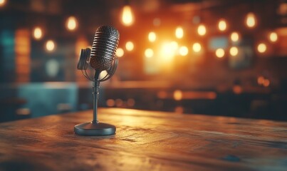 Vintage Retro Microphone with Headphones on Wooden Table for Podcast or Radio Broadcast in Warm Ambient Setting, Mock Up, Generative AI