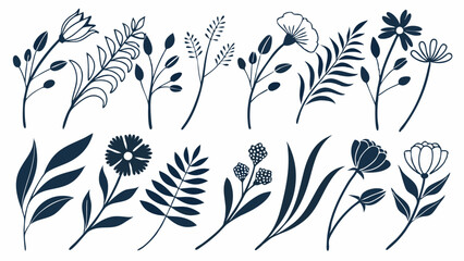 Wild Flower Silhouette Vector, lower Silhouette Vector, Leaf Elements Vector, Black and White Flowers