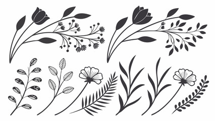 Fototapeta premium Wild Flower Silhouette Vector, lower Silhouette Vector, Leaf Elements Vector, Black and White Flowers