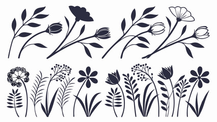 Wild Flower Silhouette Vector, lower Silhouette Vector, Leaf Elements Vector, Black and White Flowers