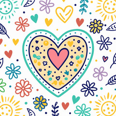 Cute hand-drawn heart surrounded by flowers and suns.
