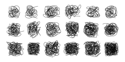Curls abstract scribble with hand drawn chaotic lines. Doodle curls, swirls, flourishes, chaotic lines collection. Simple vintage chaotic lines elements isolated on white background for design