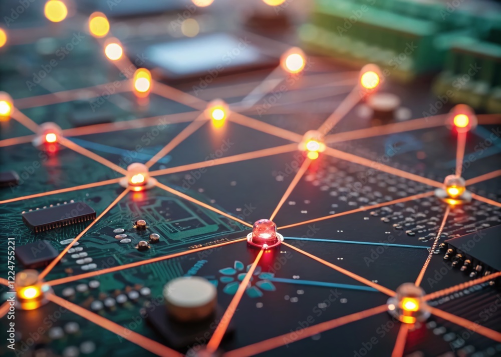 Poster macro shot: generative ai network nodes, abstract data connections, digital technology