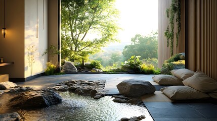 A zen-inspired living room with floor seating, bamboo accents, and a stone water feature.