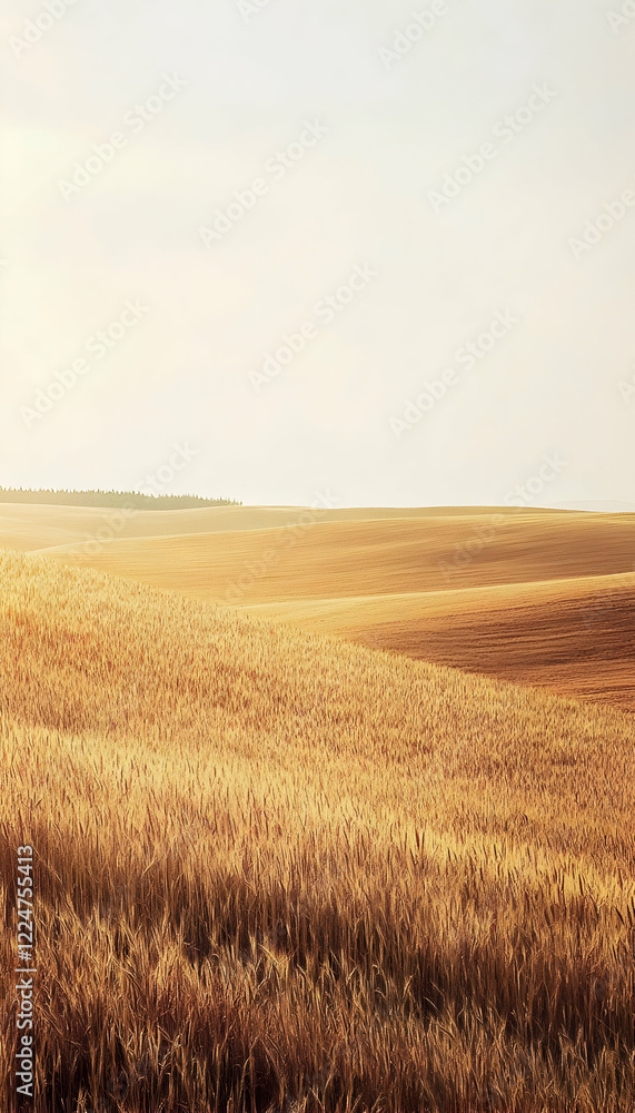 Poster a tranquil scene of a vast golden field bathed in the soft glow of a setting sun -