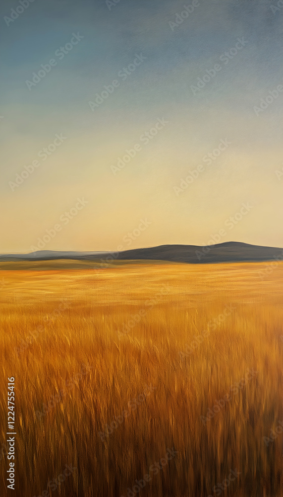 Poster a tranquil scene of a vast golden field bathed in the soft glow of a setting sun -