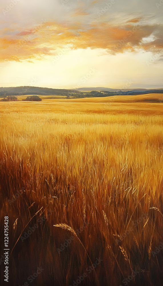 Poster a tranquil scene of a vast golden field bathed in the soft glow of a setting sun -