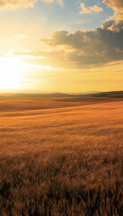 A tranquil scene of a vast golden field bathed in the soft glow of a setting sun  -