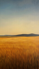 Obraz premium A tranquil scene of a vast golden field bathed in the soft glow of a setting sun -