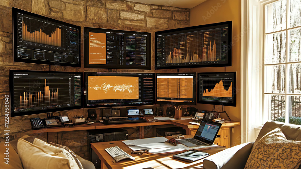 Aufkleber sunlit home office with multiple monitors displaying financial data charts graphs. ideal for illustr