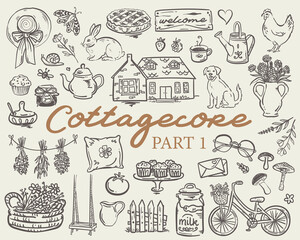 Beautiful hand drawn whimsical style cottagecore vector set illustration