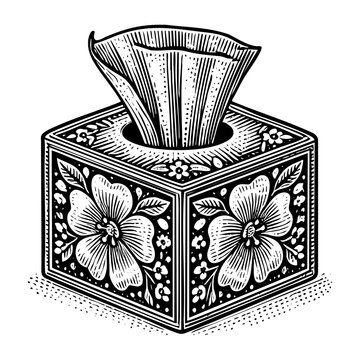 recommend clip art: Tissue box sketch engraving black and white outline. Scratch board imitation.
                    