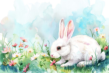 Cute Rabbit Enjoying a Sunny Day on the Lawn Surrounded by Color