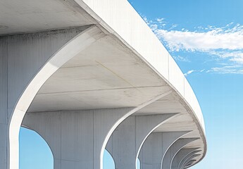 The bridge is long and white, with a blue sky in the background