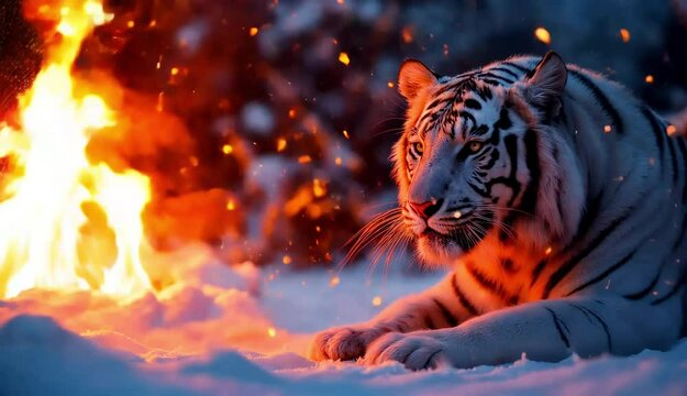 A stunning white tiger rests in the snow near a vibrant bonfire, showcasing a captivating contrast of nature's elements.