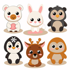 Fototapeta premium Adorable cartoon animals polar bear, bunny, penguin, deer, owl, and panda.