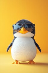 Obraz premium Cool Penguin Chick in Sunglasses on Yellow Background Summer Fun