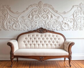 A large, ornate wooden couch sits in front of a white wall