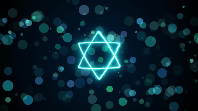 A graphic featuring Jewish symbols: the Star of David and Menorah. Glowing elements on a dark background with shimmering particles evoke faith, spirituality, and tradition in an elegant design.