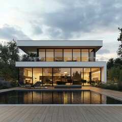 Obraz premium A large white house with a pool and a balcony