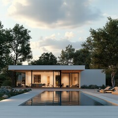Fototapeta premium A large white house with a pool and a large glass door