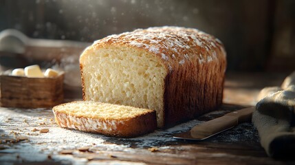 A Beautifully Golden Loaf of Gluten-Free Bread Posed Elegantly on a Rustic Wooden Table with Slices Revealing its Airy Texture