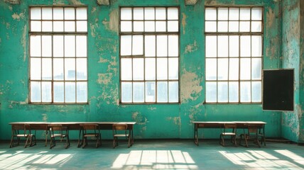 Naklejka premium Old classroom with rustic wooden tables and large windows letting in natural light