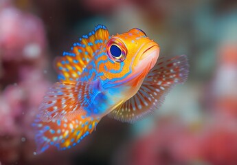 Obraz premium A small fish with blue and orange stripes swims in the ocean
