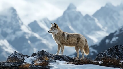 Fototapeta premium Solitary wolf standing snowy mountain with majestic peaks glowing brightly in soft colorful serene vibrant glowing golden evening light