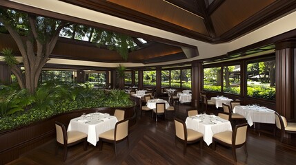 Fototapeta premium Elegant Restaurant Interior with Lush Greenery and Sunlight
