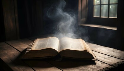 Open book with whimsical smoke rising from its pages, symbolizing mystery, fantasy, and the magical essence of storytelling and imagination." 