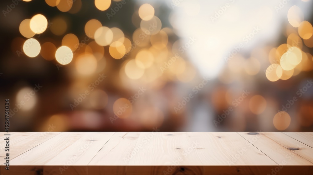 Poster blurred background with wooden table surface for product display and photography use in bright and c