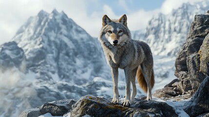 Obraz premium Graceful wolf standing snowy mountain surrounded scenic peaks glowing softly under colorful glowing serene golden vibrant glowing evening sky
