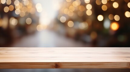 Elegant White Wood Table Top with Blurred Background of Decorative Lights for Stylish and Modern Interior Photography