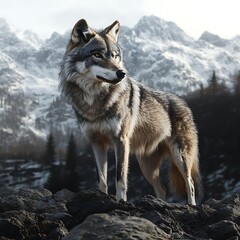 Fototapeta premium Majestic wolf standing snowy mountain surrounded scenic peaks glowing brightly in vibrant colorful serene golden glowing sunset evening sky