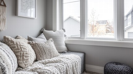 Serene reading nook with window seat and cozy textures