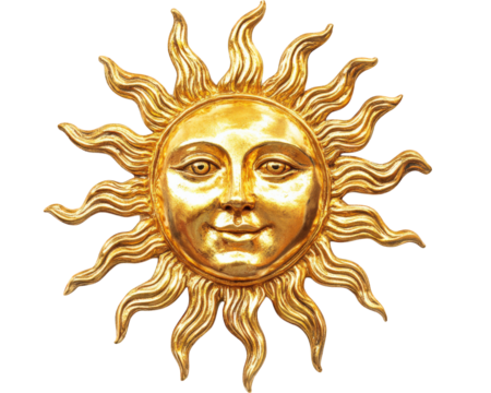 Golden sun statue with smiling face and wavy rays, isolated on transparency background, symbolizing warmth and positivity