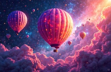 Fototapeta premium Celestial Balloons: A vibrant explosion of colorful balloons floats amidst a cosmic dreamscape of swirling nebulae and stardust. A surreal and captivating image perfect for fantasy, celebration. 