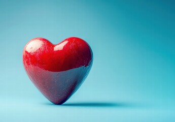 A red heart is sitting on a blue background