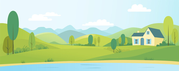 
House by the lake against the backdrop of mountains and hills. House on the shore of a beautiful lake. Rural landscape. Home in nature. Landscape with lake, mountains, hills, forest, fields, meadows.