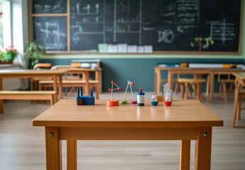 A science classroom with a table in the middle of it