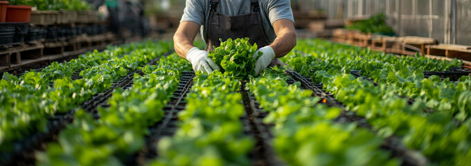 A dedicated gardener carefully tends to young lettuce plants, cultivating growth and health. Bright sunlight filters through the greenhouse, illuminating the lush greenery