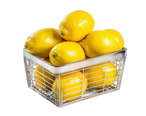 Fresh lemons in metal basket, vibrant and zesty, perfect for cooking or drinks. Their bright yellow color adds cheerful touch to any kitchen decor